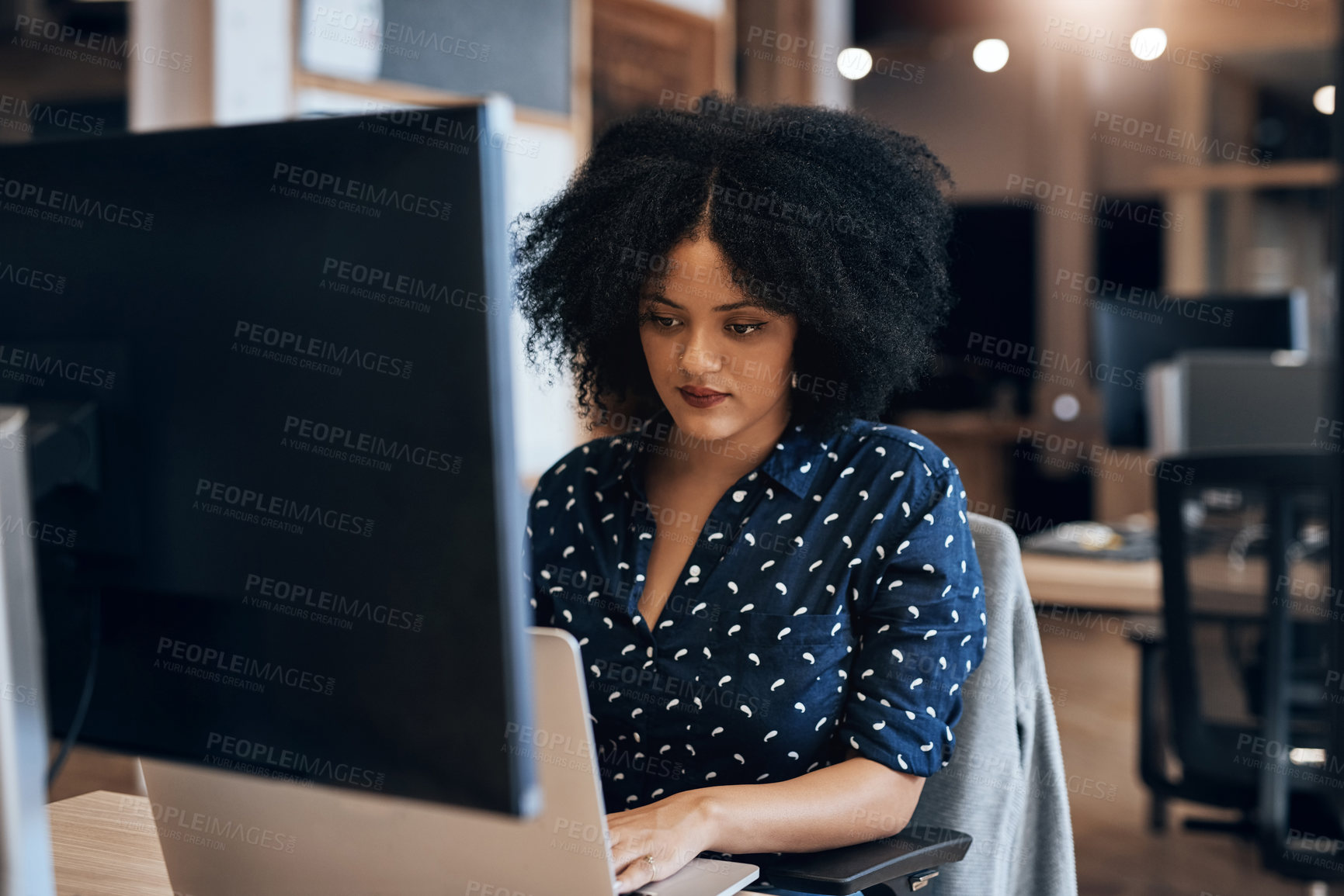 Buy stock photo Woman, typing and serious for working in office, keyboard and laptop for journalist, research and writing. Workplace, employee and person with computer, planning and project for headline of article