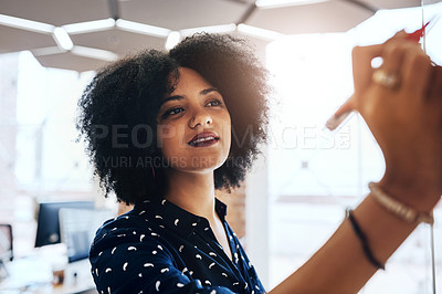 Buy stock photo Woman, writing and creative in workplace with whiteboard, brainstorming and planning with pen for professional strategy. Thinking, ideas and business vision with employee, working and problem solving