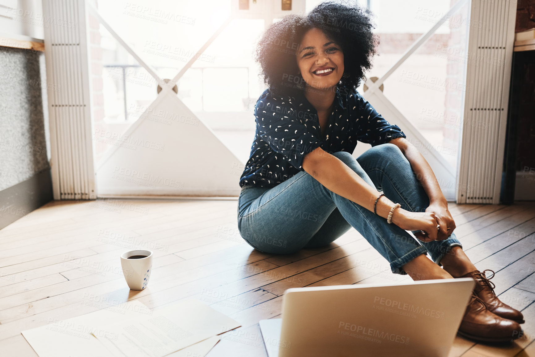 Buy stock photo Remote work, laptop and portrait of African woman on house floor with paper, application or documents for financial planning. Elearning, sign up and freelance writer with pc for upskill registration