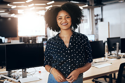 Buy stock photo Portrait, creative and happy business woman in office for career and job in startup company. Face, entrepreneur and confident professional employee, worker and web designer at workplace in Brazil