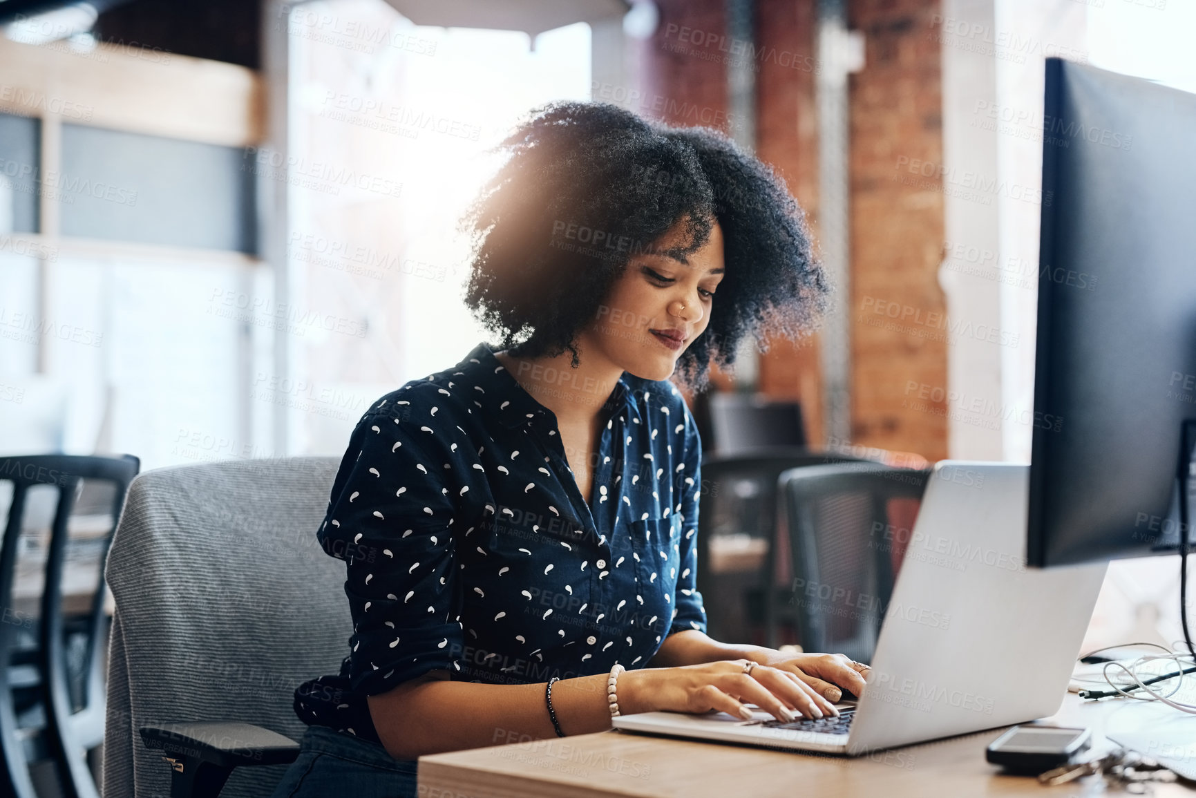 Buy stock photo Woman, typing and smile for laptop in office, serious and keyboard for journalist, research and writing. Workplace, employee and person with computer, planning and project for headline of article