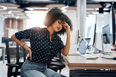 Buy stock photo Black woman, headache or back pain with injury in stress, anxiety or depression for strain or posture at office. Tired African, female person or employee with sore spine, ache or tension at workplace