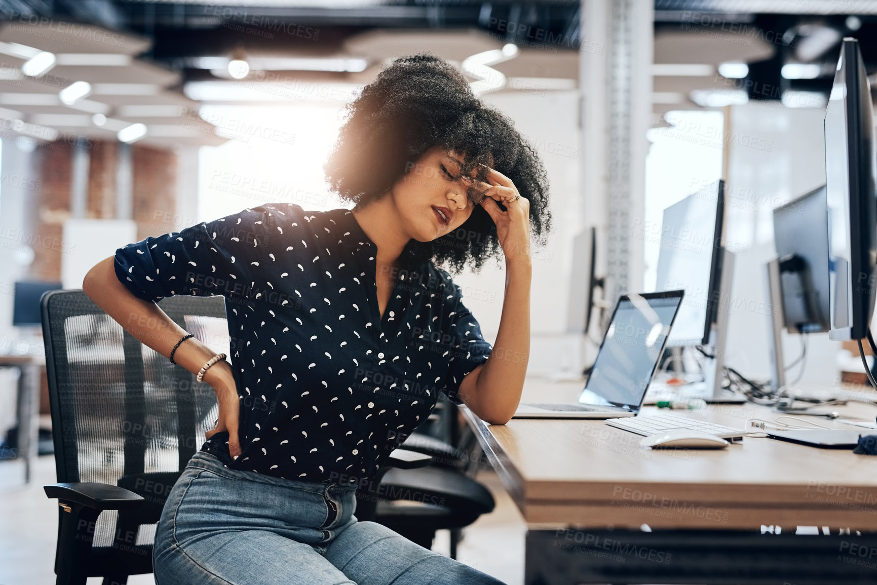 Buy stock photo Black woman, headache or back pain with injury in stress, anxiety or depression for strain or posture at office. Tired African, female person or employee with sore spine, ache or tension at workplace