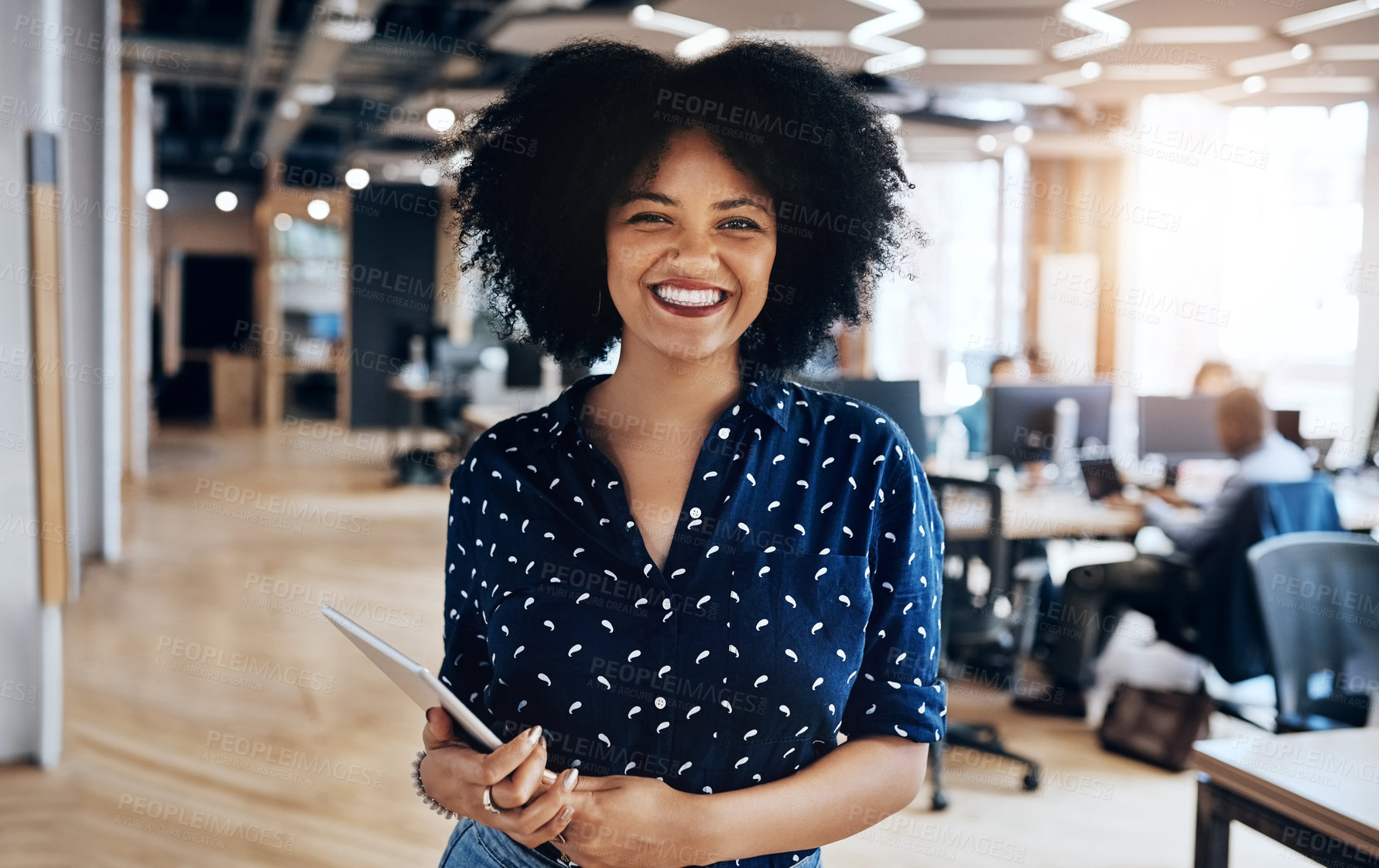 Buy stock photo Work, office and portrait of woman with tablet for web design, communication and business plan. Employee, smile and designer at creative agency with tech for ux network, connection and development