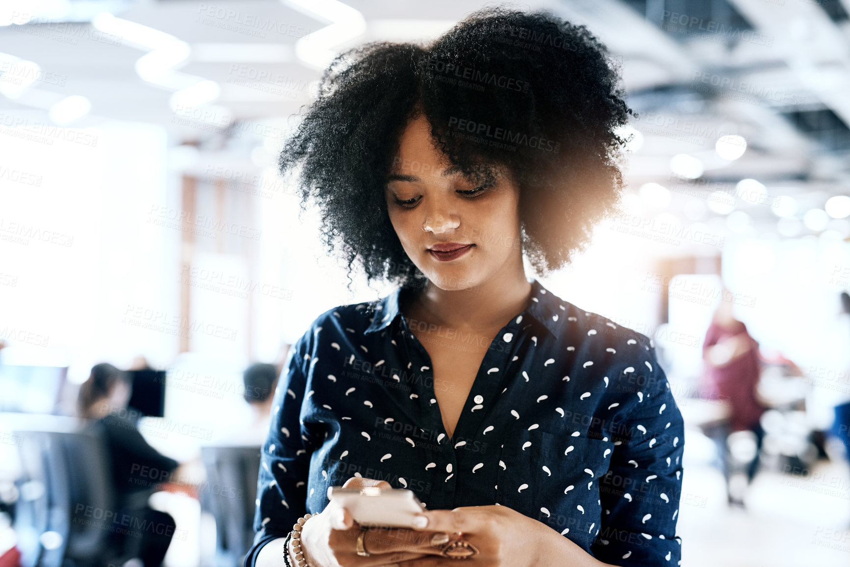 Buy stock photo Black woman, research and communication with phone at office for discussion or conversation. Young African, female person or employee browsing on mobile smartphone for online chatting, texting or app