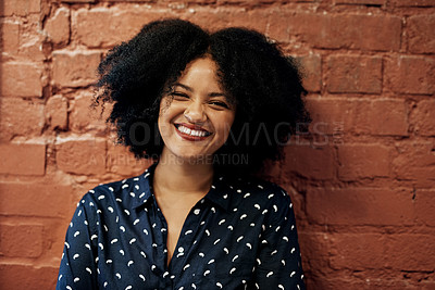 Buy stock photo Portrait, smile and business woman on brick wall for career or job at creative startup company. Face, happy entrepreneur and confident professional employee, worker and expert copywriter in Brazil