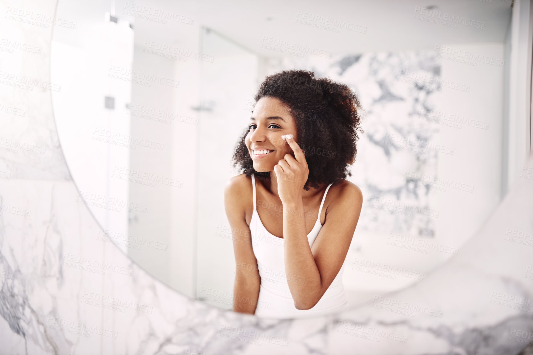 Buy stock photo Black woman, mirror and skincare lotion in bathroom for morning routine with natural beauty, mask and skin glow. Happy girl, reflection and facial cream in home with dermatology, smile and self care