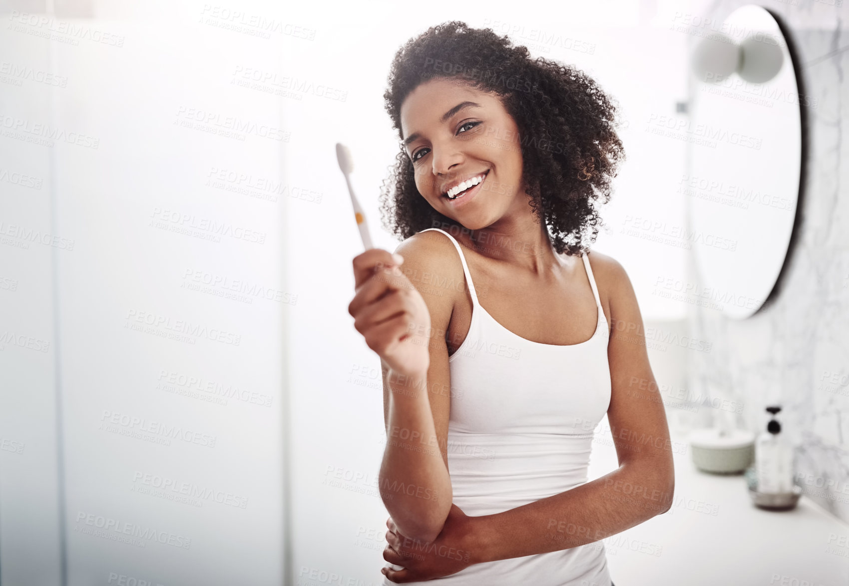 Buy stock photo Woman, smile and portrait with toothbrush in home for teeth cleaning, gum health and morning routine. Bathroom, dental hygiene and happy female person with fresh breath, plaque removal and oral care