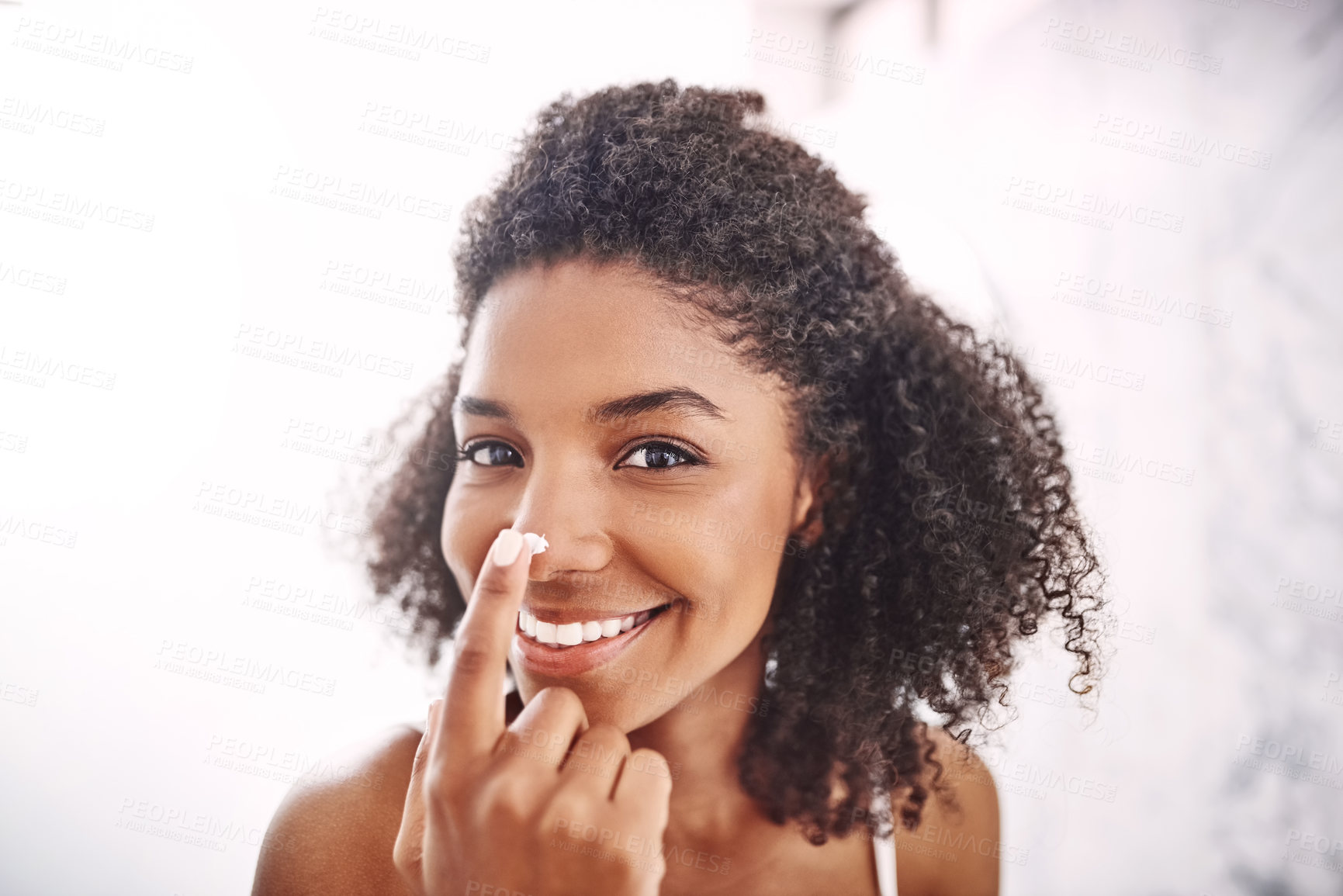 Buy stock photo Black woman, nose and skincare cream in bathroom for wellness routine with beauty, skin and mask. Happy girl, portrait and facial lotion in home with dermatology, smile and self care in morning