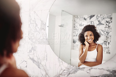 Buy stock photo Model, glow and skincare in the mirror with a smile for self care and happiness in the bathroom. Skin, beauty and woman with dermatology in the morning for wellness and healthy face at an apartment. 