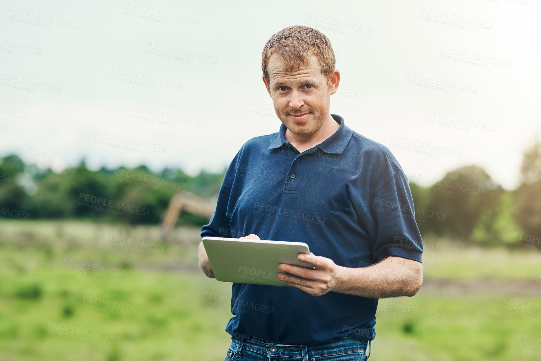 Buy stock photo Man, farmer and portrait with tablet in outdoor for weather forecast, schedule tasks and planning crop updates. Male person, farm and internet for communication with supplier and agricultural apps.