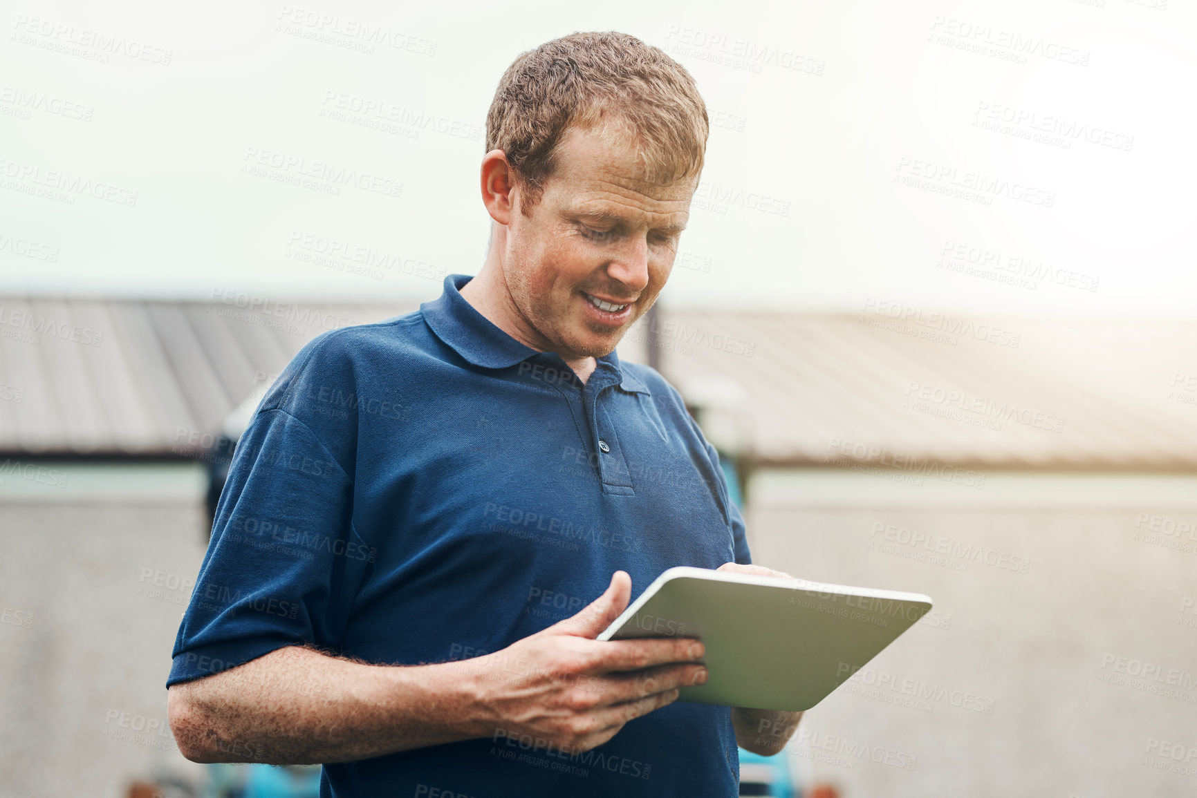 Buy stock photo Man, farmer and online with tablet in outdoor for weather forecast, schedule tasks and planning crop rotation. Male person, farm and internet for communication with supplier and agricultural apps.