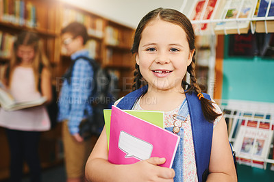 Buy stock photo School, library and portrait of child with books for education, reading and learning. Academy, happy student and young girl on campus with backpack for knowledge, development and lesson for class