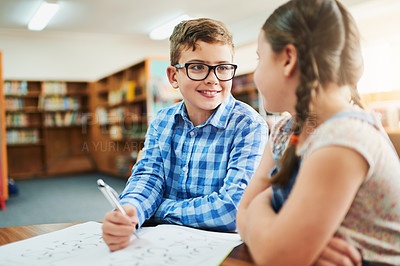 Buy stock photo Math, happy kids or students writing in school for education, child development or learning in junior grade together. Problem solving lesson, library or group of children with smile, help or support