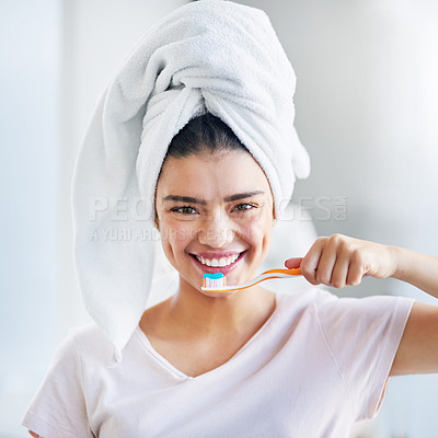 Buy stock photo Happy, woman and portrait with brushing teeth in bathroom for dental care, health or morning routine. Toothpaste, towel and female person with smile for fresh breath, cleaning or oral hygiene at home