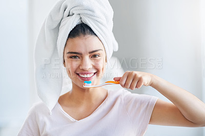 Buy stock photo Woman, smile and portrait with toothbrush in bathroom for dental care, gum health and morning routine. Towel, home and female person with brushing teeth oral hygiene, cleaning and fresh breath