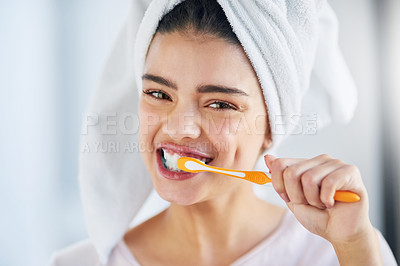 Buy stock photo Woman, smile and portrait with brushing teeth in home for oral hygiene, cleaning or fresh breath. Towel, happy and female person with toothbrush for dental care, health or morning routine in bathroom