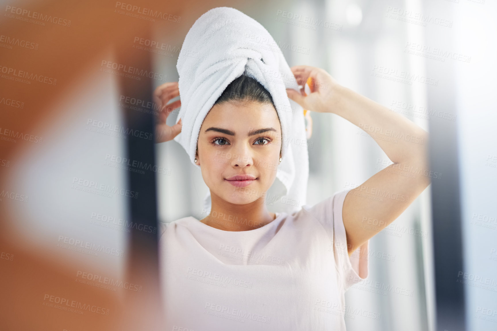 Buy stock photo Beauty, hygiene and mirror with woman in bathroom of home for morning or natural skincare routine. Face, reflection and towel with person in apartment for aestethic, change or transformation