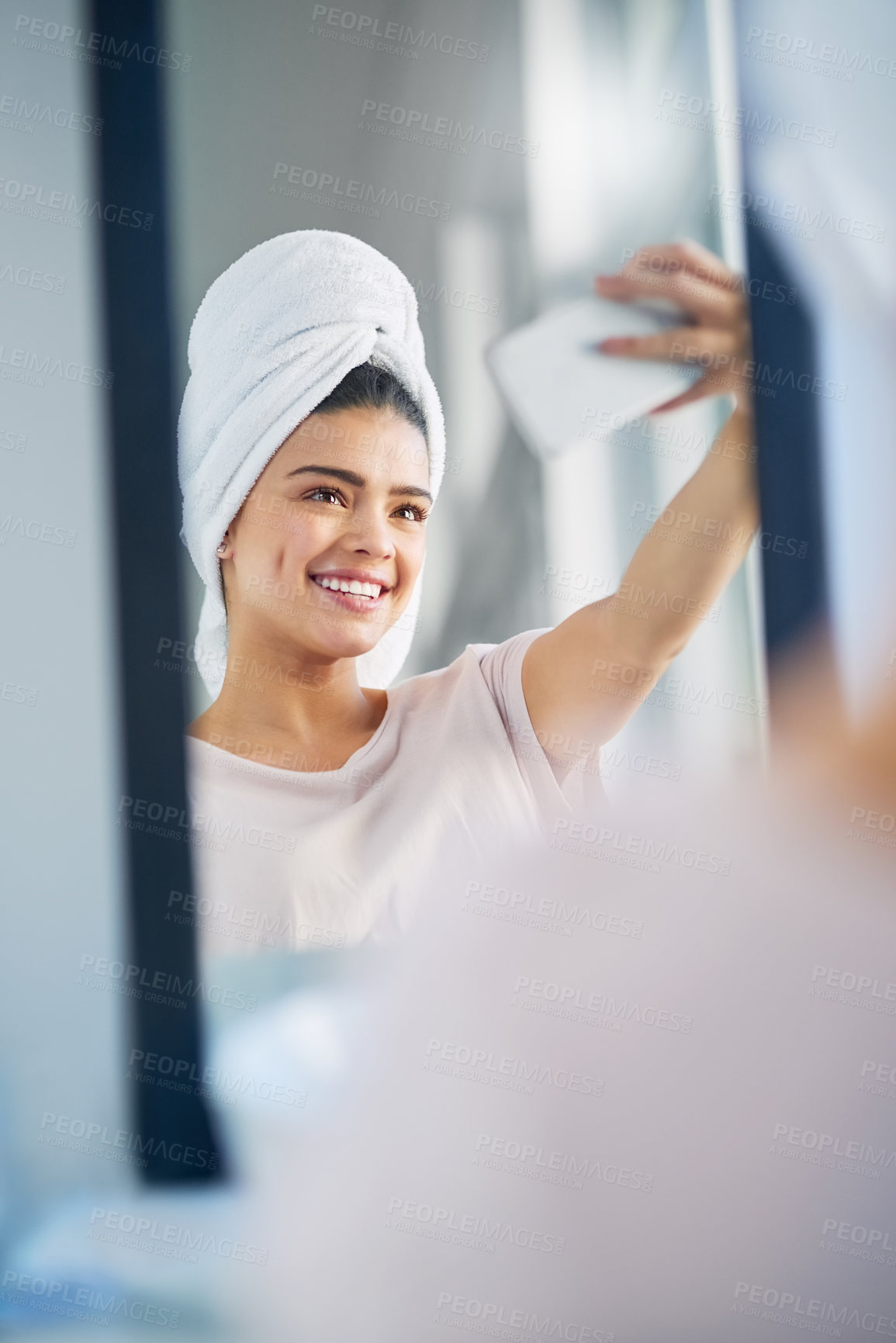 Buy stock photo Woman, happy and mirror with selfie in bathroom for skincare, morning routine and social media update. Cosmetics, towel and influencer with digital photography at home for online, post or dermatology