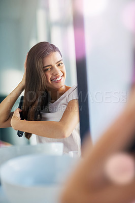 Buy stock photo Happy woman, mirror and hairbrush in home portrait, grooming and morning in bathroom. Female person, cosmetics tool and hair care for hairstyle, reflection and treatment for healthy growth texture