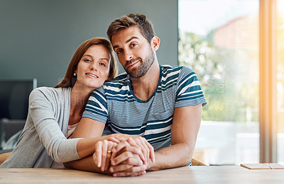 Buy stock photo Portrait, couple and hug in home for marriage, together and morning in living room for bonding. Love, support and man with woman for trust, care and security for relationship in house or apartment