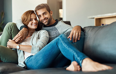 Buy stock photo Couple, portrait and relax on couch at home for comfort, love and bonding time together with trust and care. Man, woman and happy in living room for connection, peace or support on weekend with smile