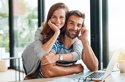 Buy stock photo Portrait of an affectionate young couple spending the weekend at home
