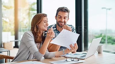 Buy stock photo Couple, planning budget and finance documents for tax, bills and savings on laptop with banking, online payment and investment. People, paperwork or happy conversation on financial strategy or profit