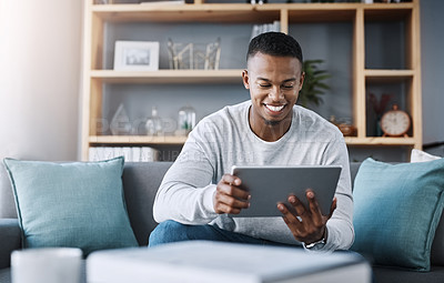 Buy stock photo Smile, tablet and man on sofa on social media meme, email or streaming video on subscription service. Happiness, internet and networking, happy male surfing online and movie website on couch in home.