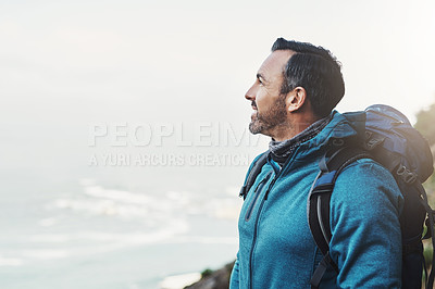 Buy stock photo Hiking, nature and man on mountain thinking with backpack for adventure, trekking and freedom. Travel, fitness and person outdoors for wellness, fresh air and exercise on holiday, journey or vacation