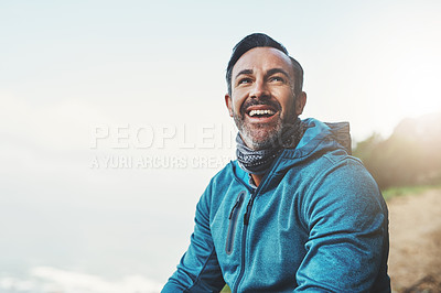 Buy stock photo Hiking, nature and man on mountain happy with smile for adventure, trekking and freedom. Travel, fitness and person outdoors for wellness, fresh air and exercise on holiday, journey or vacation