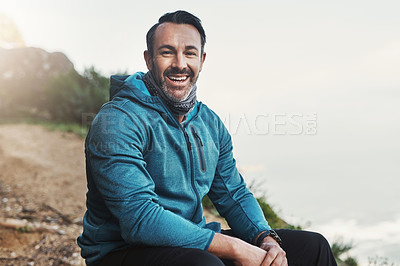 Buy stock photo Hiking, nature and portrait of man on mountain with backpack for adventure, trekking or fitness. Travel, happy and person outdoors for wellness, fresh air and exercise on holiday, journey or vacation