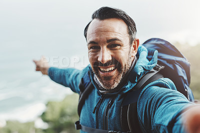 Buy stock photo Selfie, hiking and man with nature, fitness and excited with happiness, adventure and travel. Portrait, person and hiker with freedom, healthy and vacation with journey, getaway trip and environment