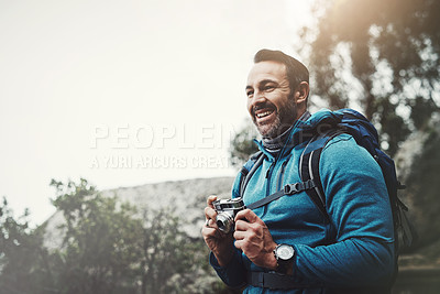 Buy stock photo Backpack, man and camera for travel for outdoor photography with a smile from adventure. Exercise, journey and happy traveler with hiking and landscape photographer on a eco friendly vacation  