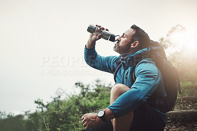 Buy stock photo Backpack, man and drinking water for travel for outdoor with a hydration from adventure. Exercise, journey and fitness traveler with hiking and bottle on an eco friendly vacation with holiday