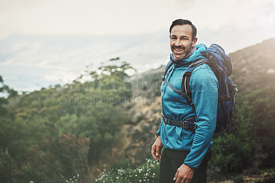 Buy stock photo Hiking, man and portrait in the mountains with eco travel, trekking and camping adventure with smile. Vacation, journey and summit for exercise, fitness and training outdoor on Peru holiday in nature