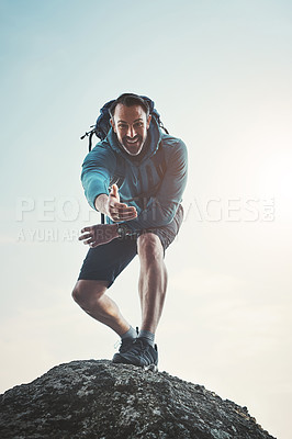 Buy stock photo Climbing, helping and hand with man and fitness with backpack and mountain workout. Outdoor, nature and above with journey and adventure with a smile and portrait in on vacation with exercise