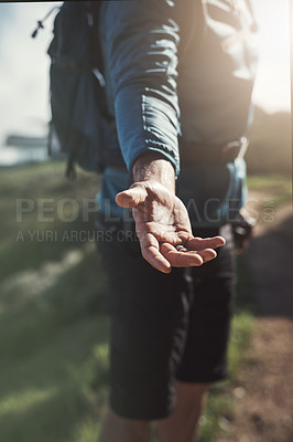 Buy stock photo Hiking, help and fitness man with hand offer in nature pov for teamwork, support or forest exercise collaboration. Trust, challenge or hiker with reaching palm for adventure, come or guide invitation
