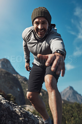 Buy stock photo Hiking, hand support and man portrait in the mountains with eco travel and climbing with smile. Vacation, below and summit for exercise, fitness and training outdoor on Peru holiday in nature
