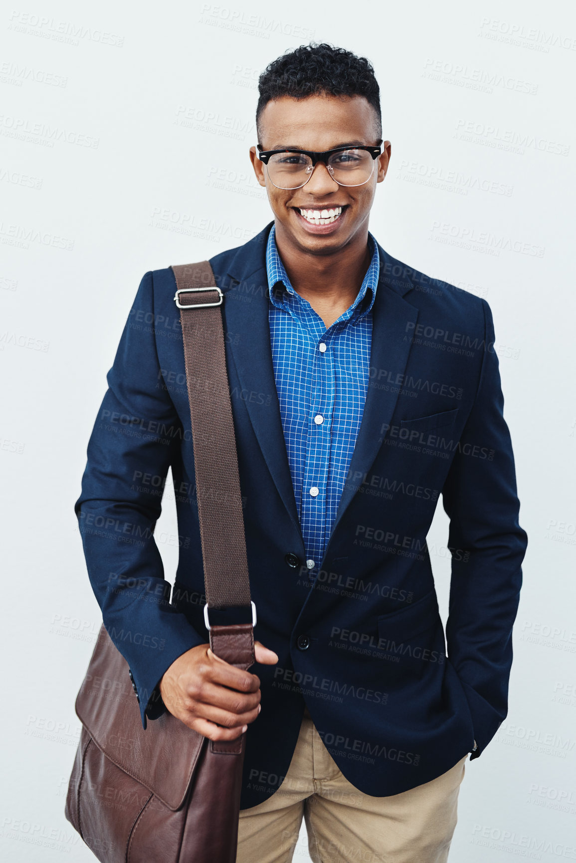 Buy stock photo Portrait, leather bag and business with man, smile and career ambition on white studio background. Fashion, person and employee with startup, confidence and pride with web designer or IT professional