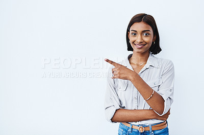 Buy stock photo Portrait, business and pointing with woman, opportunity and decision on white studio background. Face, person and entrepreneur with hand gesture, choice and girl with option, promotion and smile