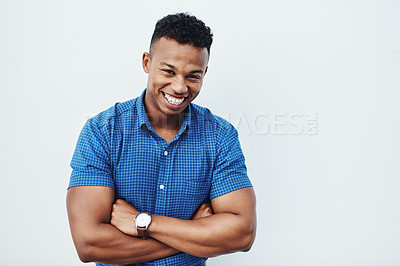 Buy stock photo Portrait, business and man with arms crossed, funny and confident guy on white studio background. African person, model or agent with professional, creativity and pride for startup, humor or laughing