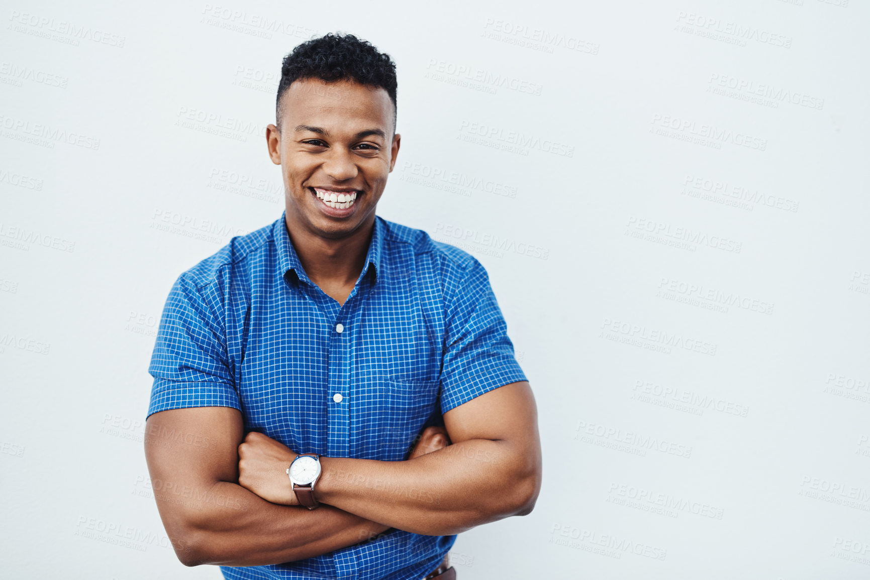 Buy stock photo Portrait, employee or man with arms crossed, funny or confident guy on white studio background. African person, model or agent with mockup space, business or creativity for startup or career ambition