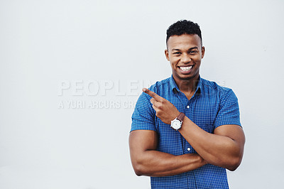 Buy stock photo Portrait, business and pointing with man, decision and promotion on white studio background. Face, person and entrepreneur with hand gesture, choice and winner with sales, opportunity and feedback