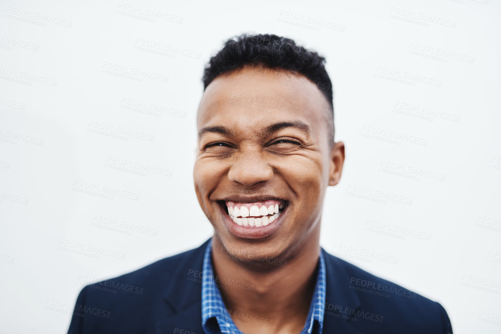 Buy stock photo Happy, face and businessman laughing in studio with funny, teeth and feel good mood, confidence or personality on white background. Comic, silly and African model smile for goofy joke or comedy
