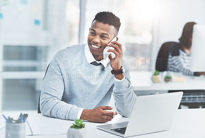 Buy stock photo Business man, phone call and coworking office with web design networking and conversation. Happy, desk and startup staff with digital designer work and communication with technology at workplace