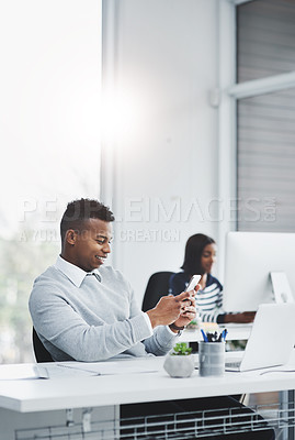 Buy stock photo Office, business and man with cellphone, typing and connection with social media, digital app and message. Employee, staff and agent with smartphone, contact and texting with internet or online news