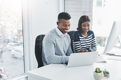 Buy stock photo Business man, smile and teamwork with laptop and fintech employees at a startup with staff. Digital, technology and professional at office desk working on financial service project with collaboration