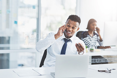 Buy stock photo Business man, phone call and funny joke in coworking office with web design networking and conversation. Happy, desk and startup with digital designer work and communication with tech at workplace