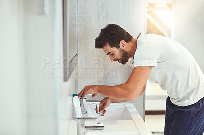 Buy stock photo Dental, morning and brushing teeth with man in bathroom for cleaning, shower and oral hygiene. Smile, cosmetics and health with male person and toothbrush at home for self care, breath and mouth 